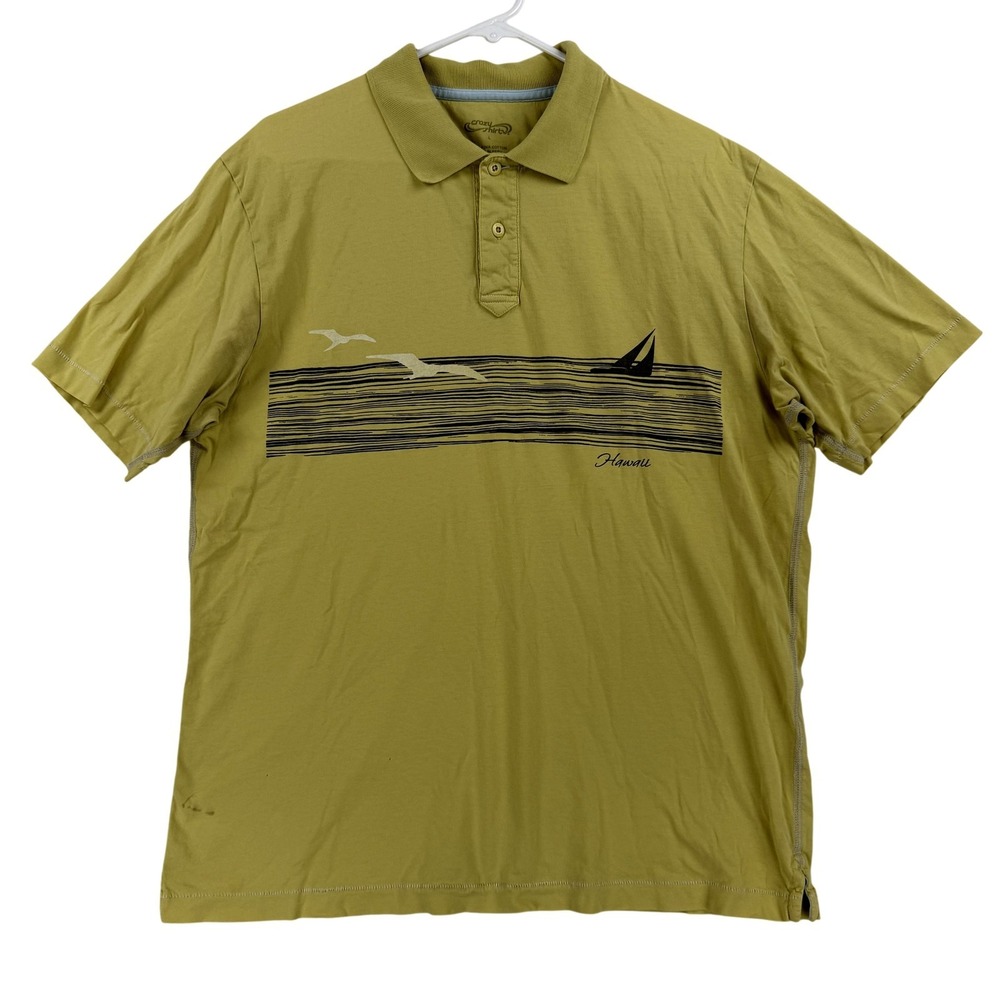 Crazy Shirts Polo Shirt Mens Large Green Hawaii Graphic Birds Pima Cotton Beach